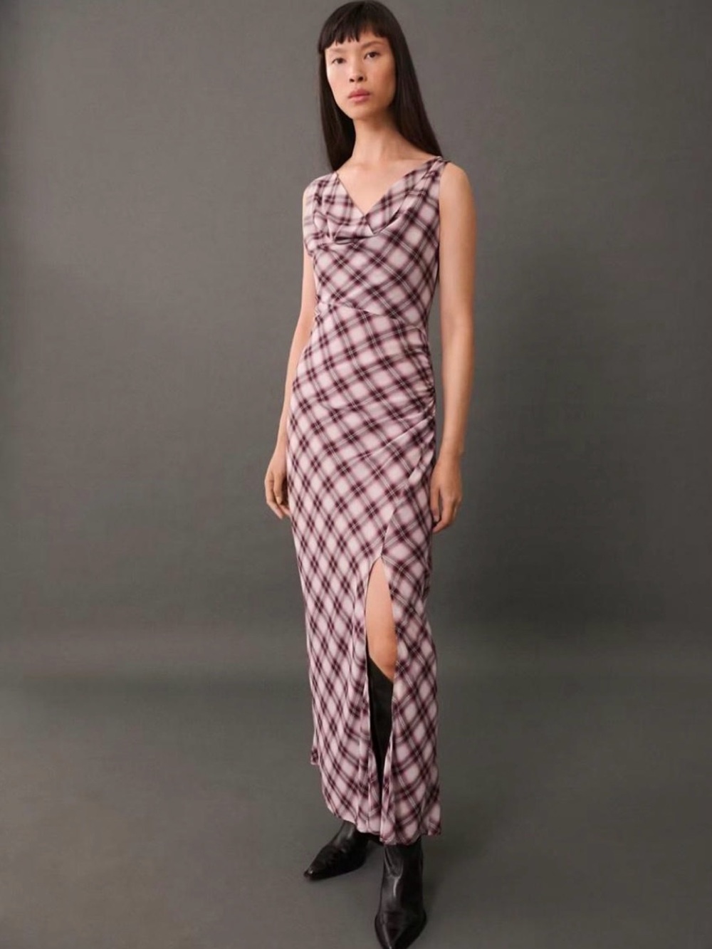 Mango Pink Plaid Cowl-Neck Maxi Dress